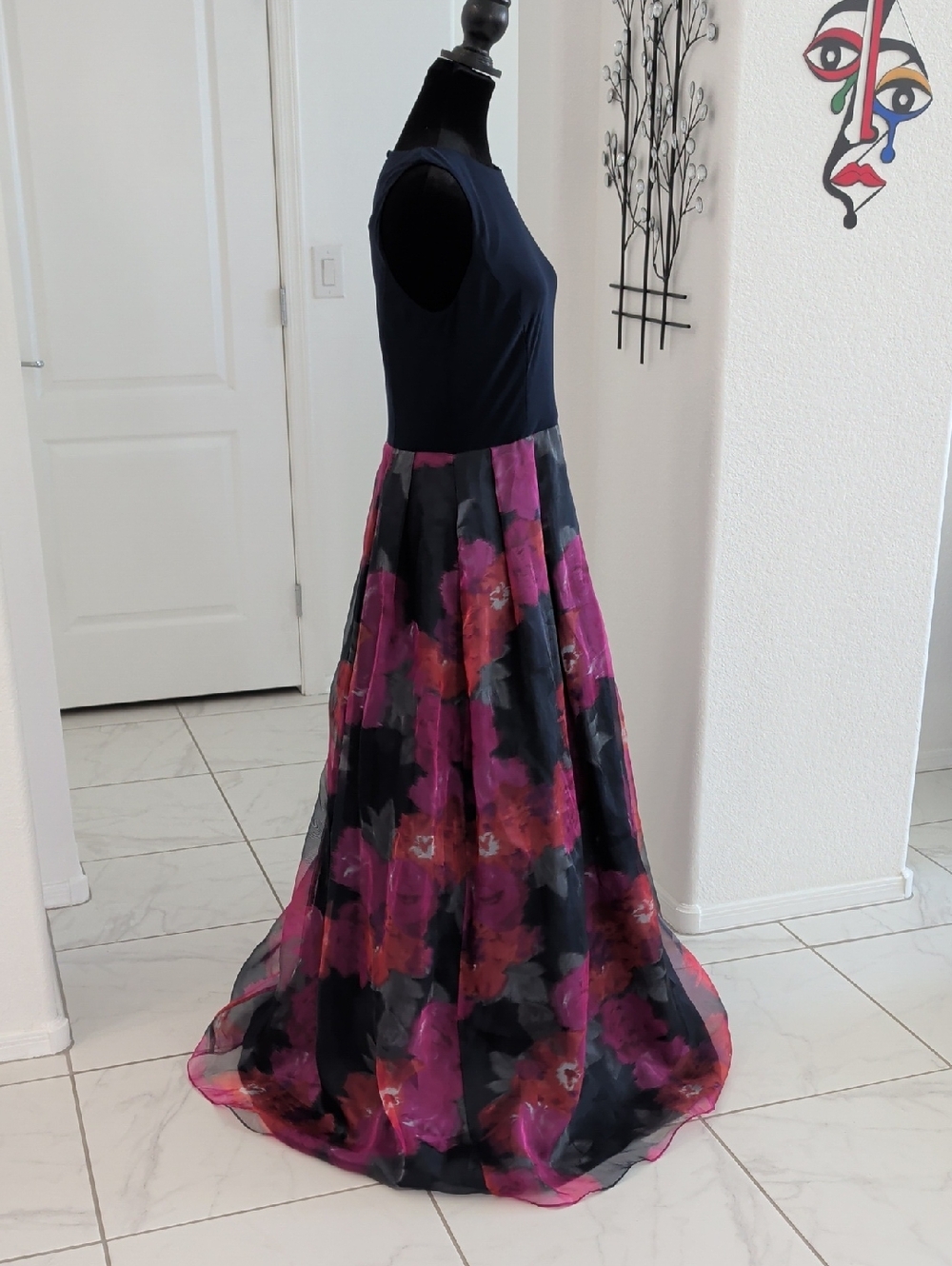 Eliza J Epanoui Gown Navy Blue Bodice Floral Organza Bottom Pockets 6 8 10 M - Picture 4 of 16